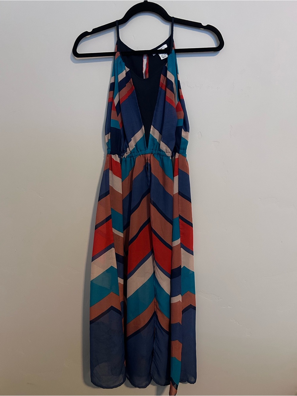 Sleeveless Chevron Maxi Dress in Navy, Teal & Rust